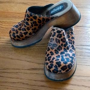 Bongo cow hide, leopard print clogs